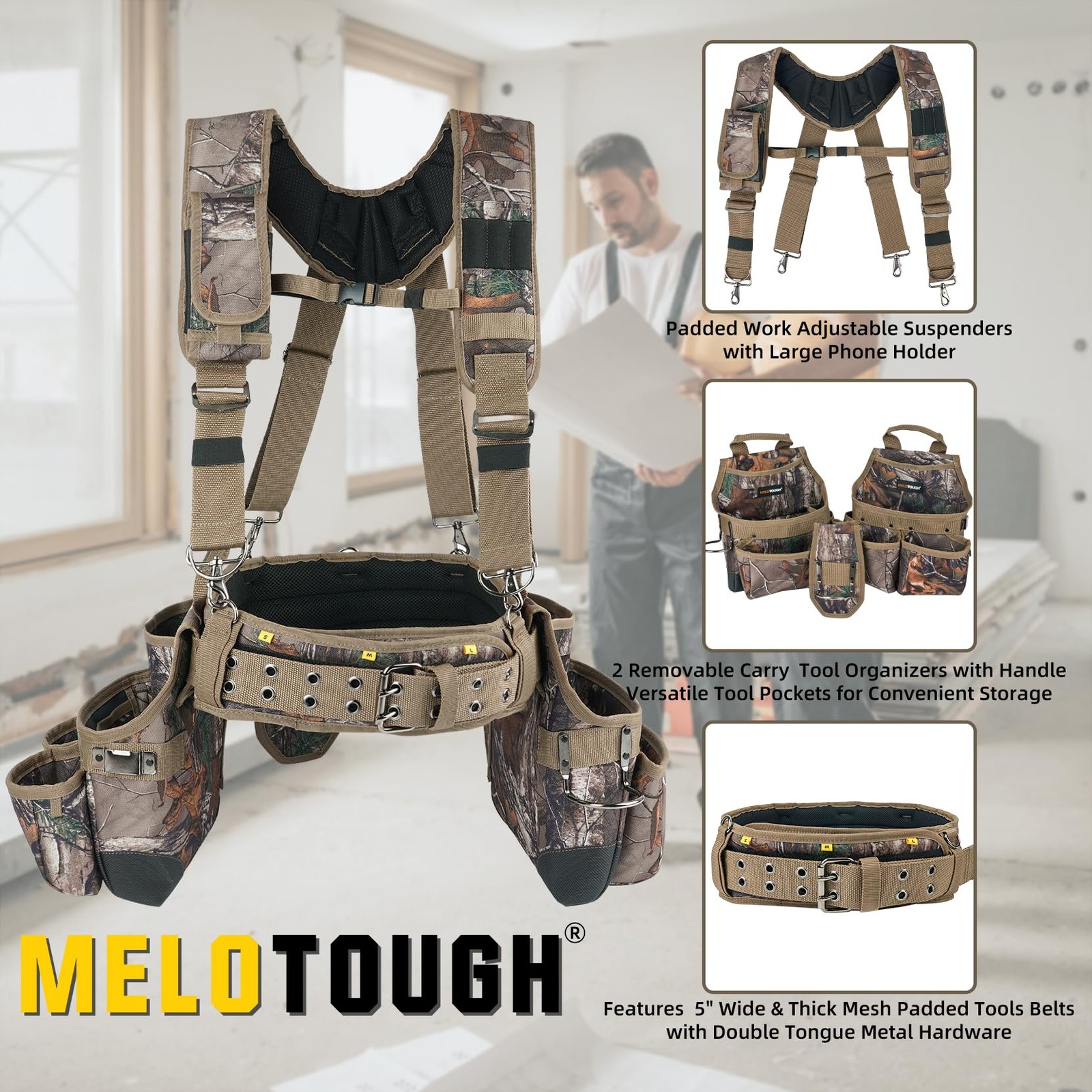 MELOTOUGH Camo Tool Belt with Suspenders Camouflage Tool Bag Supenders Framer…