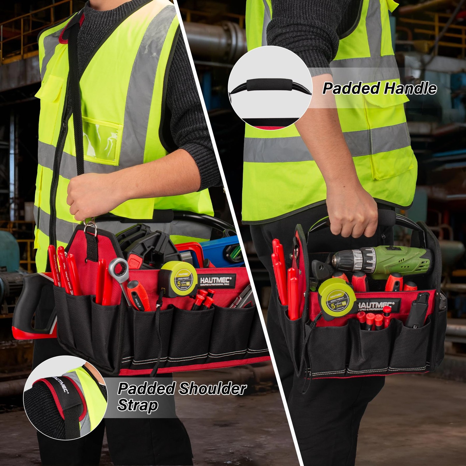 HAUTMEC 3PCS Tool Tote Bag Set 1680D Rigid Frame Foldable Handle Padded Strap