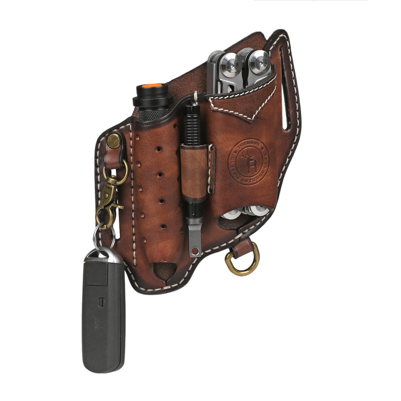 TOURBON Leather 4-in-1 Tool Belt Holster EDC Multitool Flashlight Sheath Utility