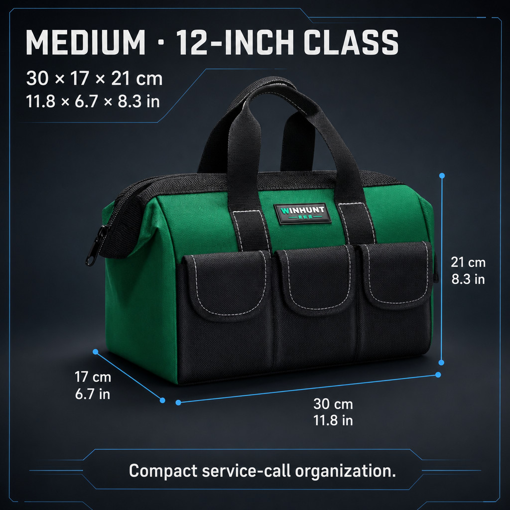 WINHUNT Wide Mouth Tool Bag Heavy Duty Electrician Plumber Tote Green 12-16.5in