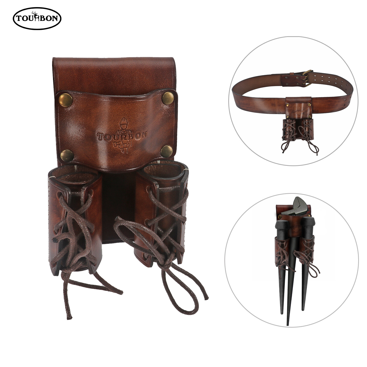 TOURBON Genuine Leather Double Bull Pins Holder Spud Wrench Carrier Tools Sheath