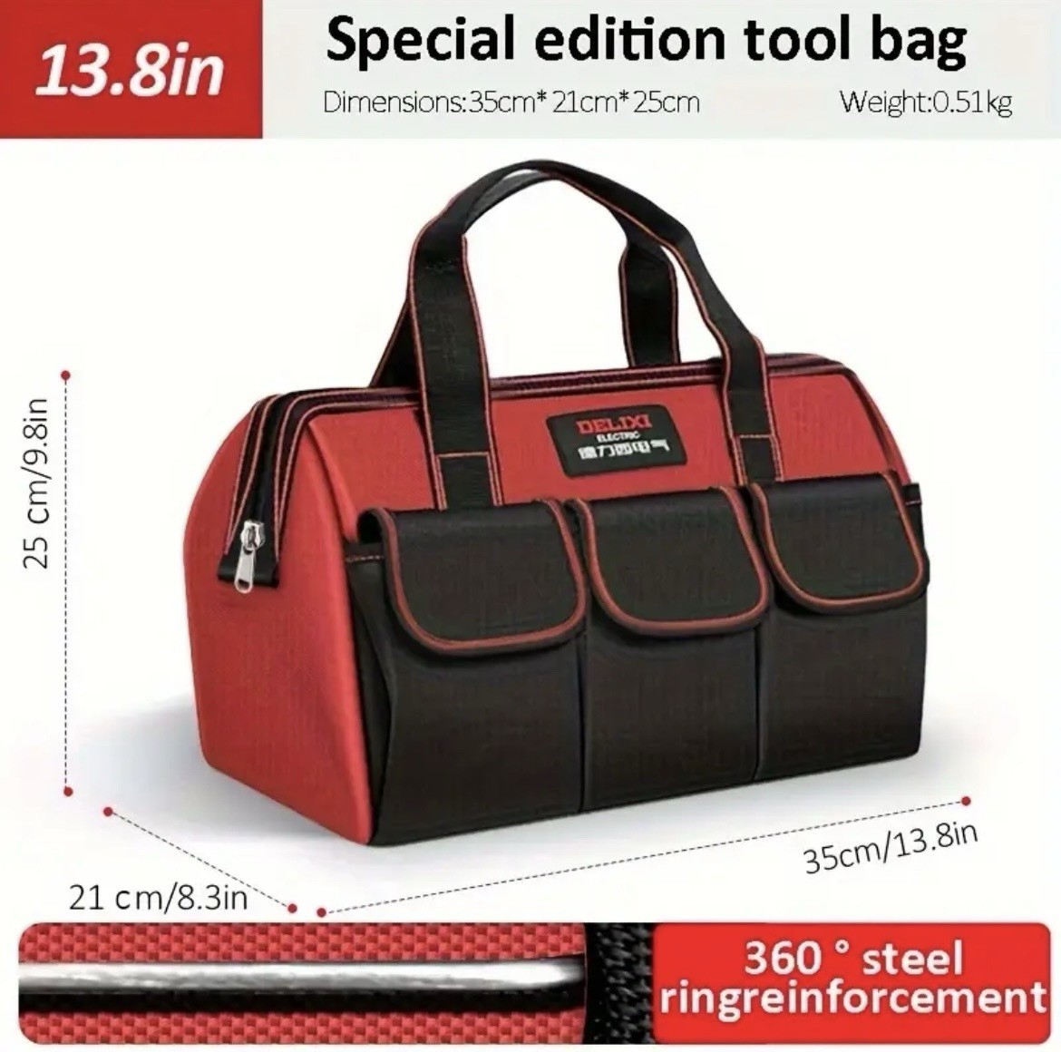 Delixi 1680D Thickened Oxford Cloth Tool Bag, 13.8”, Multi-pocket Large Capacity