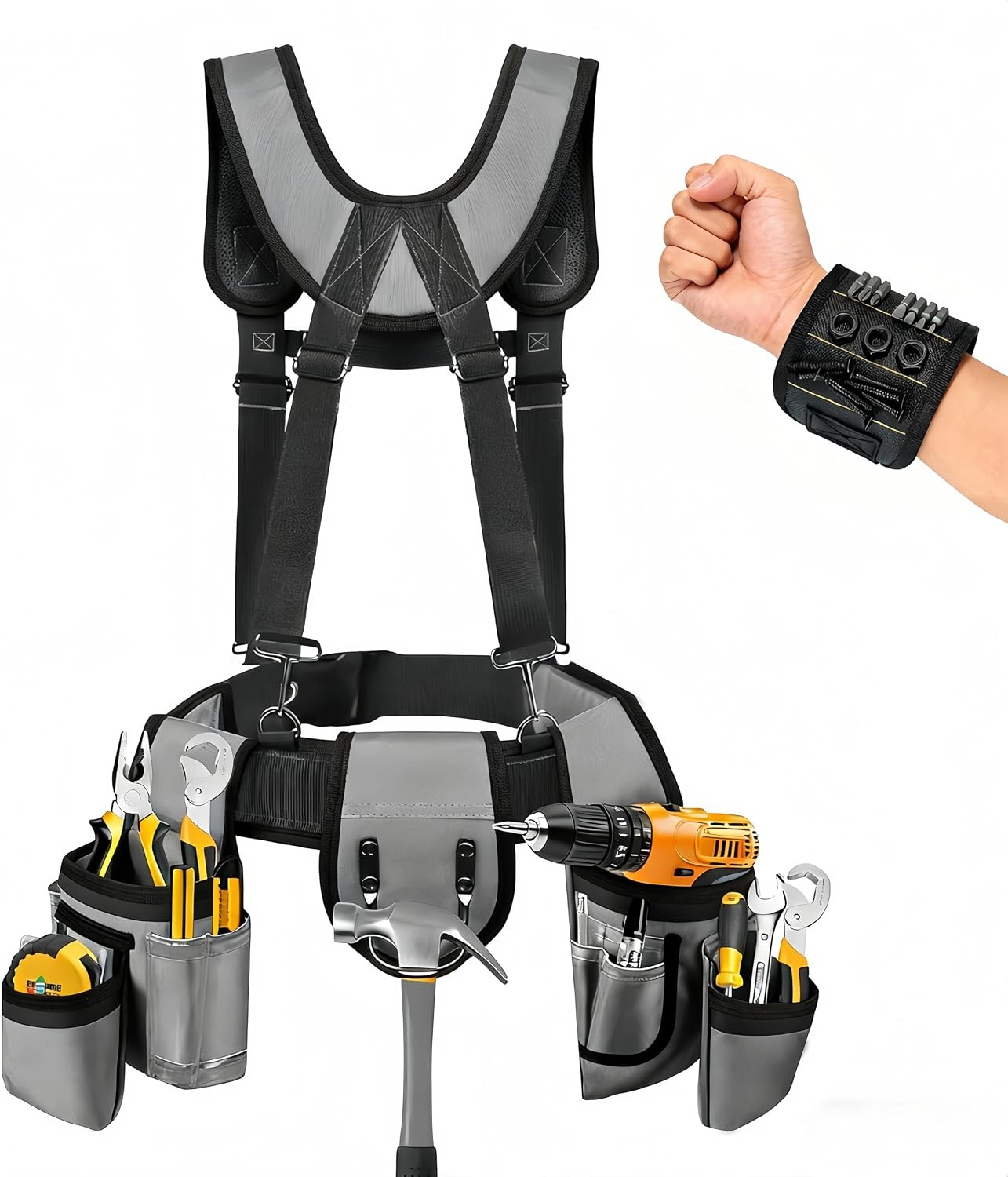 Tool Belt Suspenders Magnetic Wristband Detachable Pouch Gray