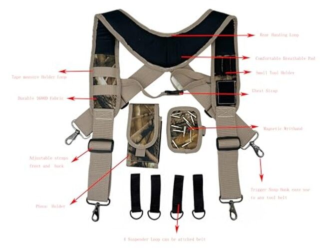 Tool Belt Suspenders for Work Belt Heavy Duty Padded with Magnetic Camouflage