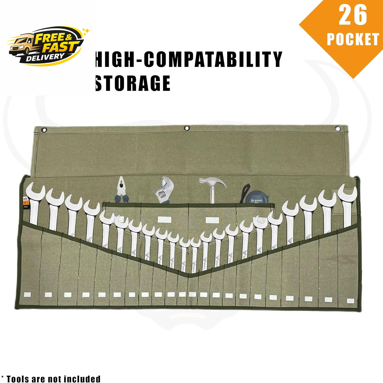 Wrench Roll, 26 Pocket Tool Pouch, Tool Bag Wrench Organizer Metric & SAE Combin
