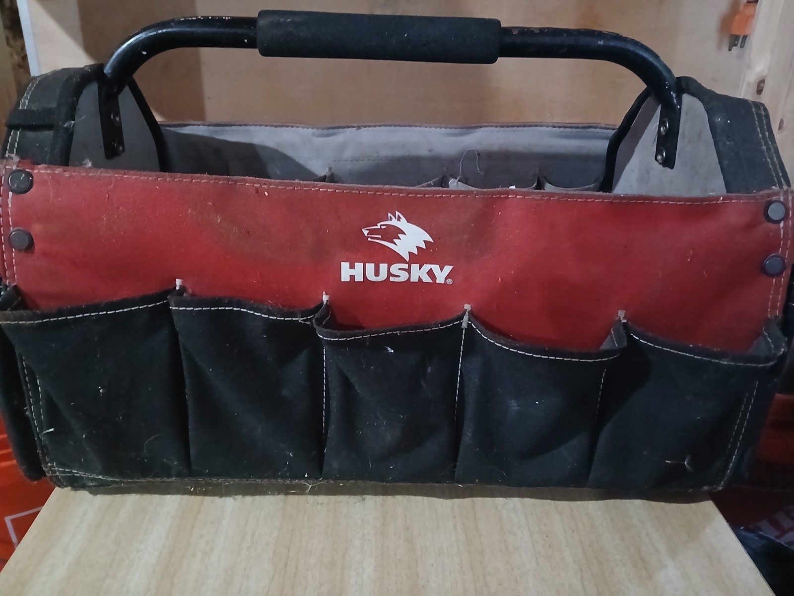 Husky Tool Bag 17 in 18 Pocket Open Top Padded Handle Weatherproof Polypropylene