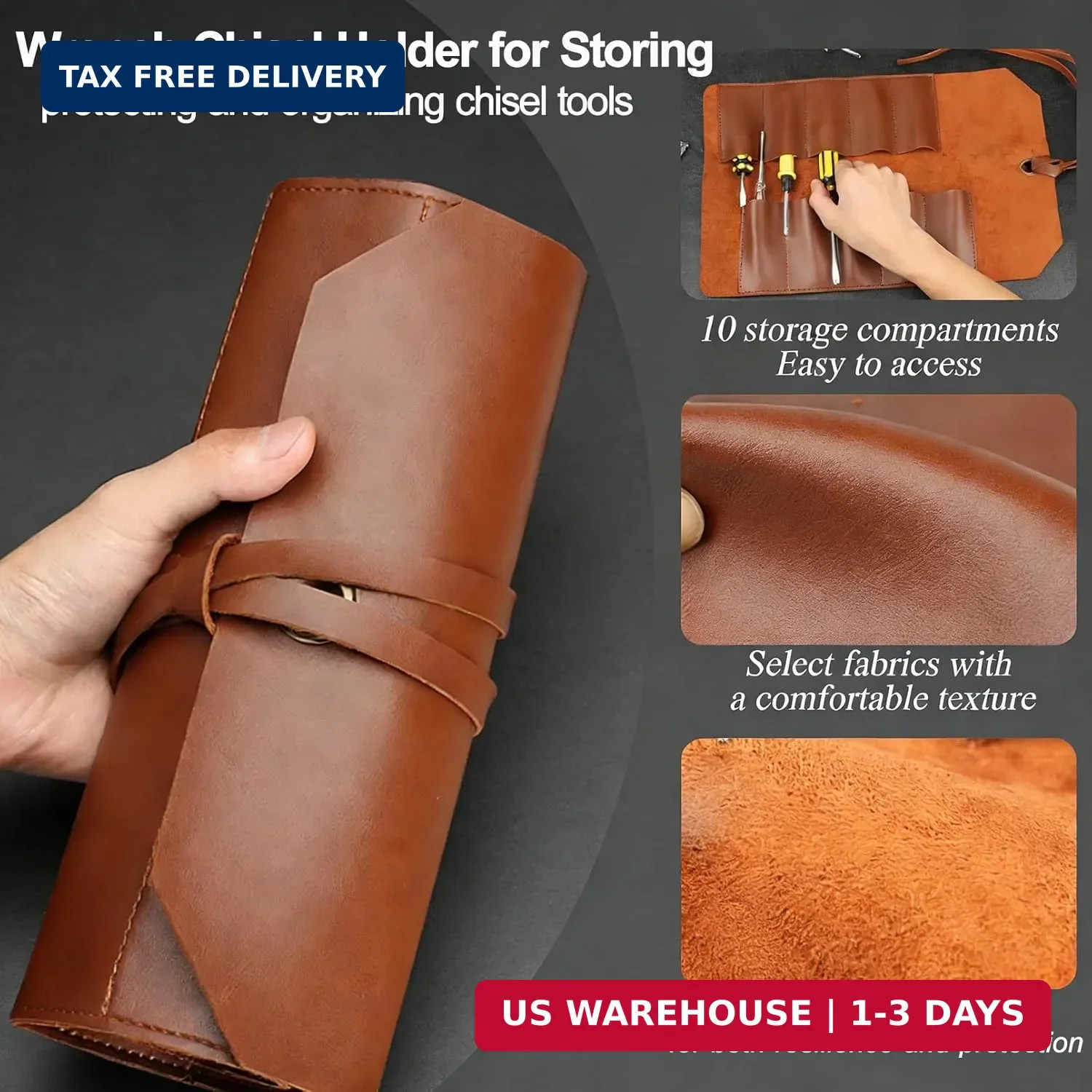Tool Roll Pouch PU Leather Chisel Roll Portable Tool Roll Bag Organizer 10 Slots