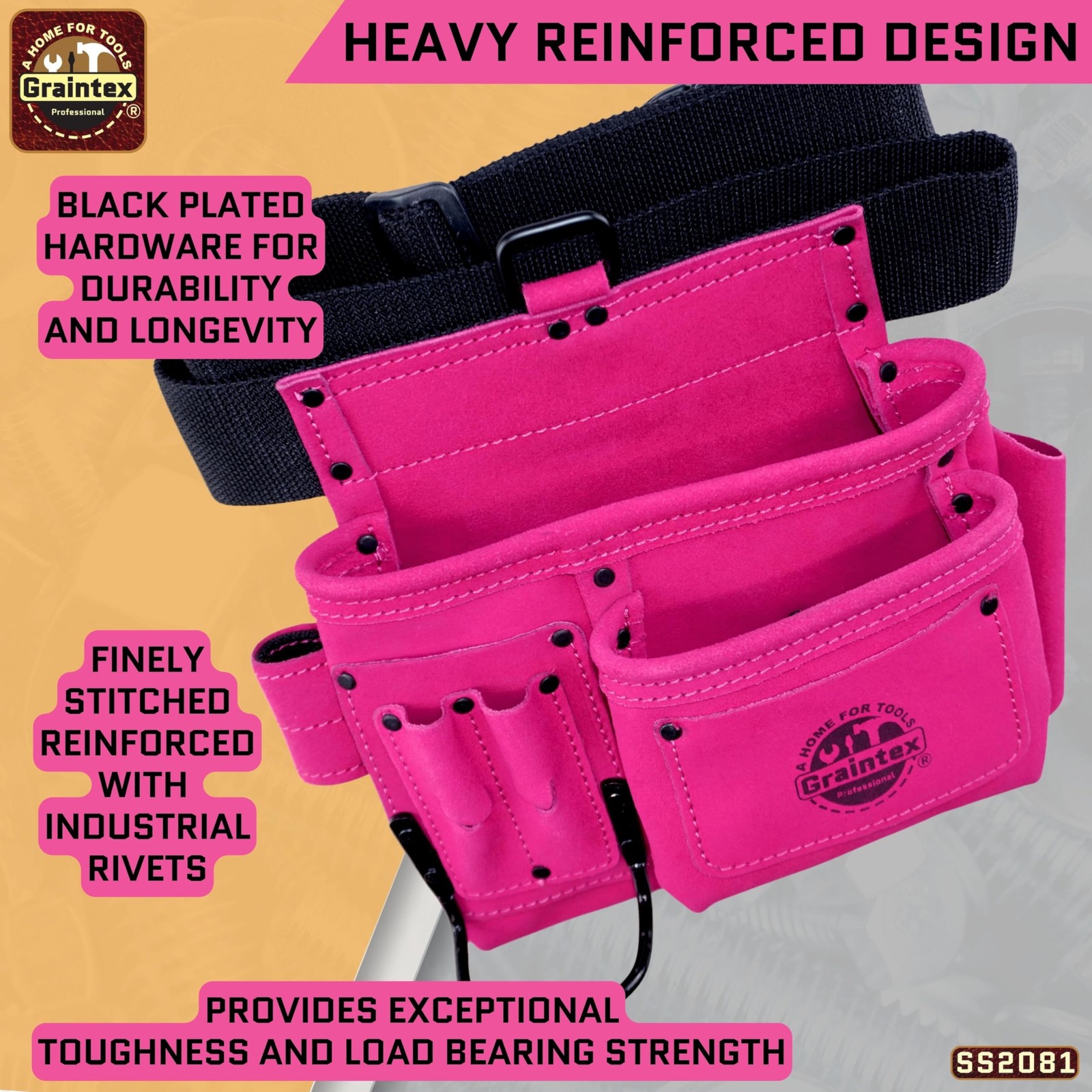 Graintex 5 Pocket Suede Leather Tool Belt/Bag | Pink | Multipurpose Leather T…