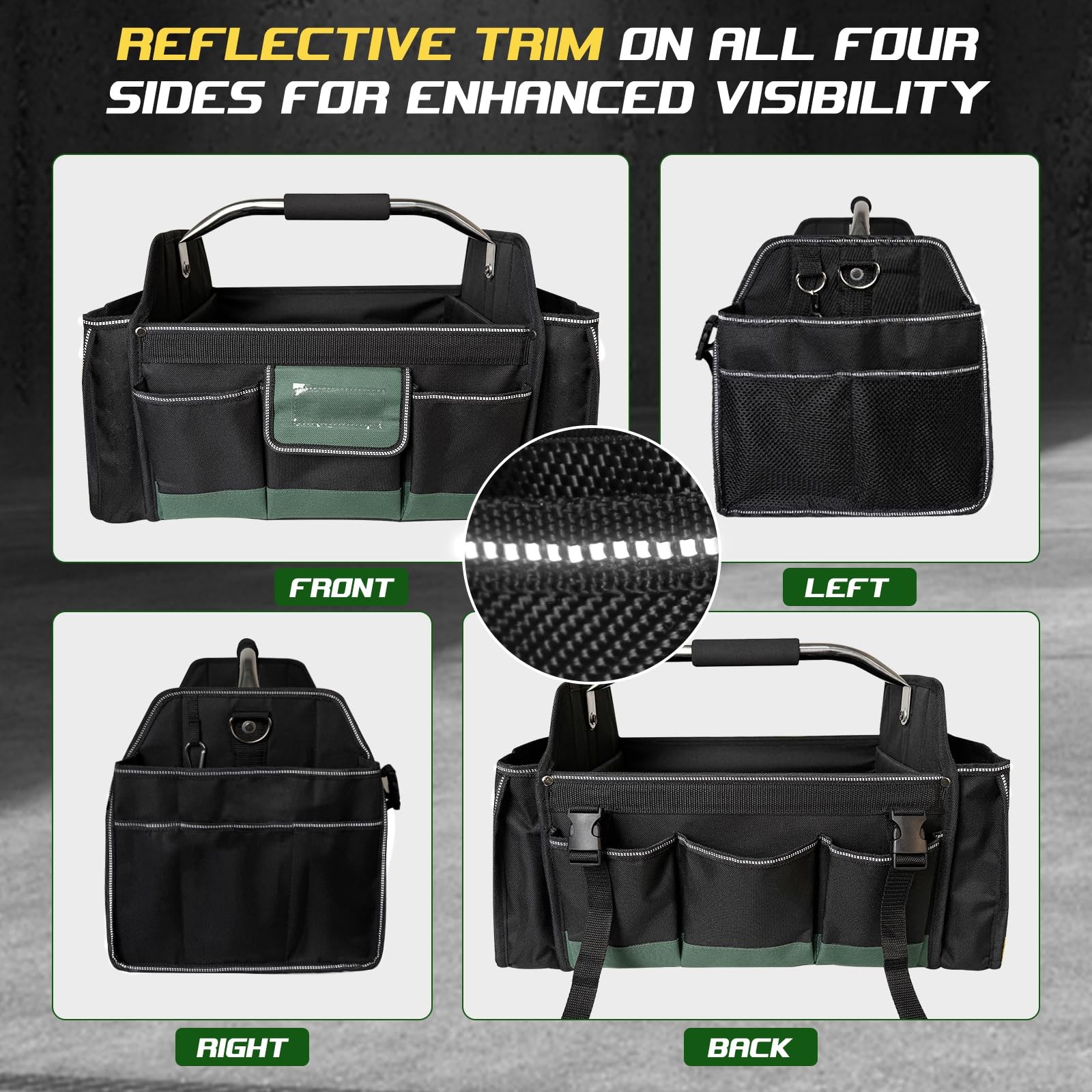 18 Inch Open Top Tool Bag 30 Pockets 1680D Waterproof Foldable Carrier Green