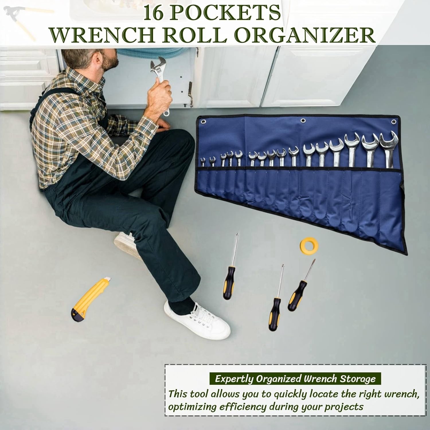 16 Pocket Wrench Roll Up Pouch Tool Organizer Storage Bag for Mechanic Green