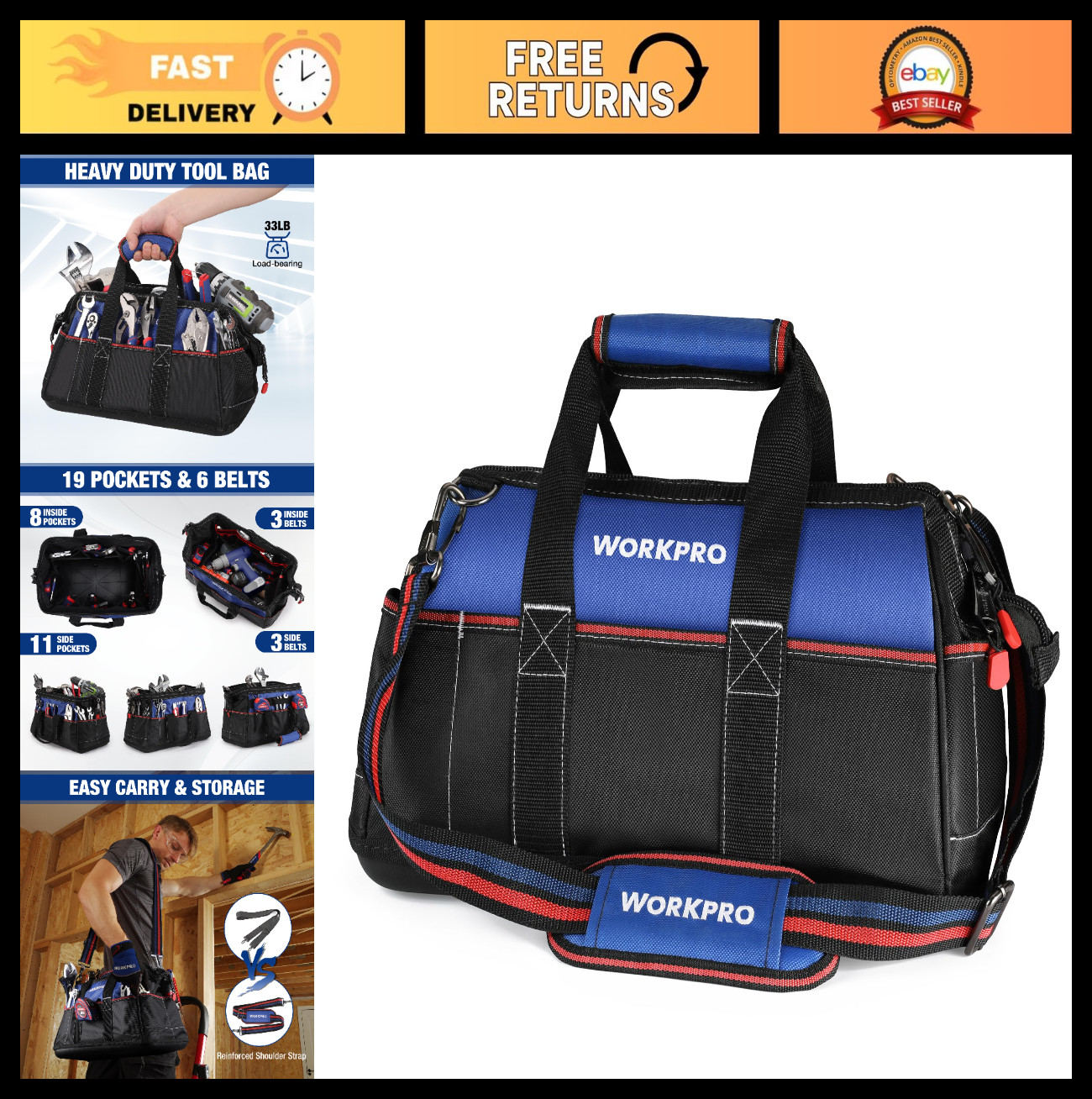 16″ Wide Mouth Tool Bag – Heavy Duty Cloth Storage, Waterproof Base, Adjustable