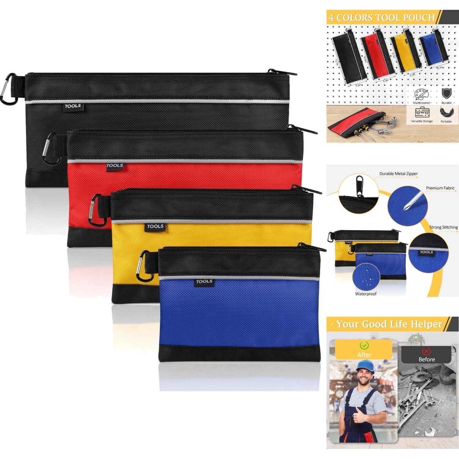 4 Pack Waterproof Tool Pouches in 1680D Oxford Fabric for Ultimate Organization