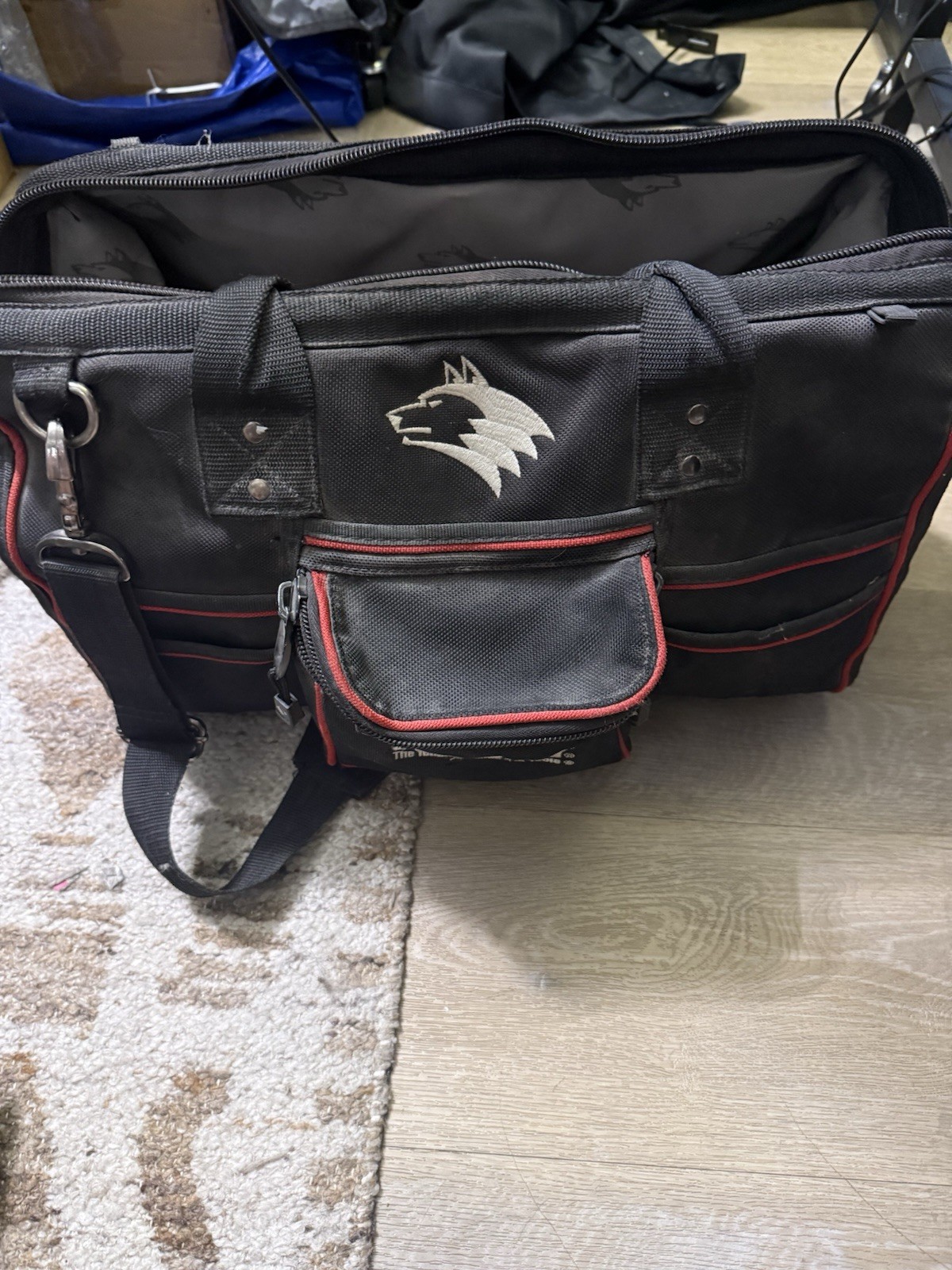Husky Tool Bag w/ Shoulder Strap, Handle, Zipper Closure, Black/Red
