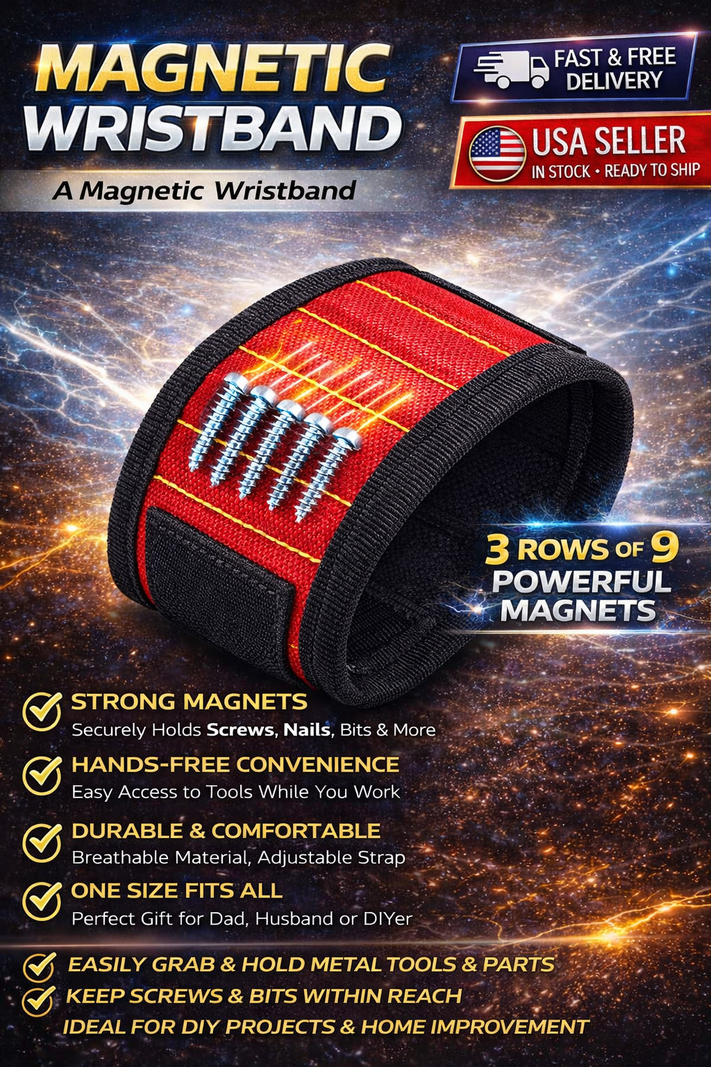 Magnetic Wristband Strong Magnets For Holding Wrench Screw Nail Bit DIY Handyman