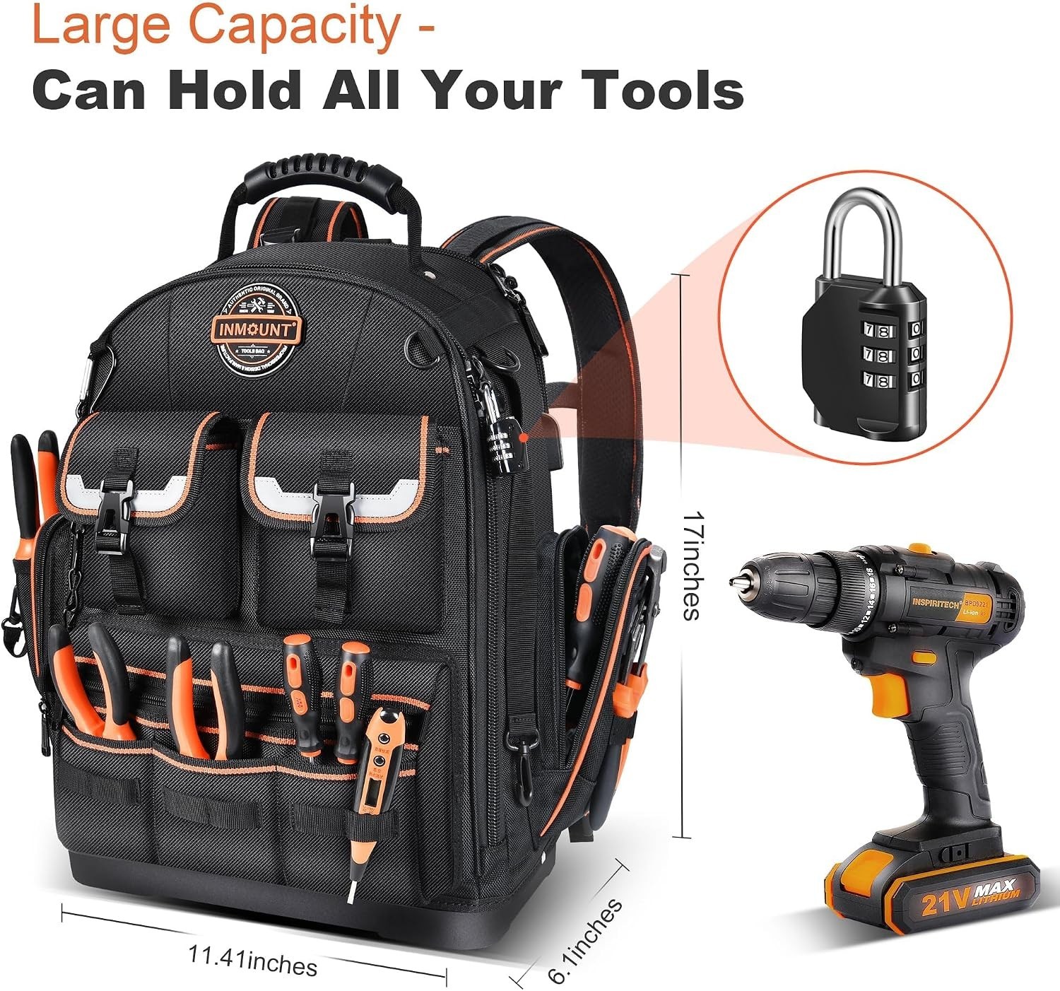 Tool Backpack Heavy Duty, Backpack Tool Bag organizer with 89 Pockets (Black)
