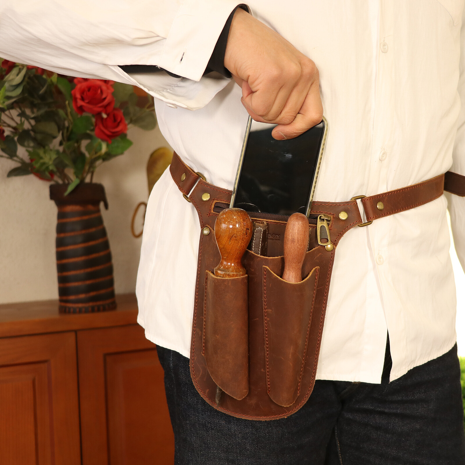 TOURBON Leather Gardening Belt Pouch Florist Organizer Waist Bag Tools Holster