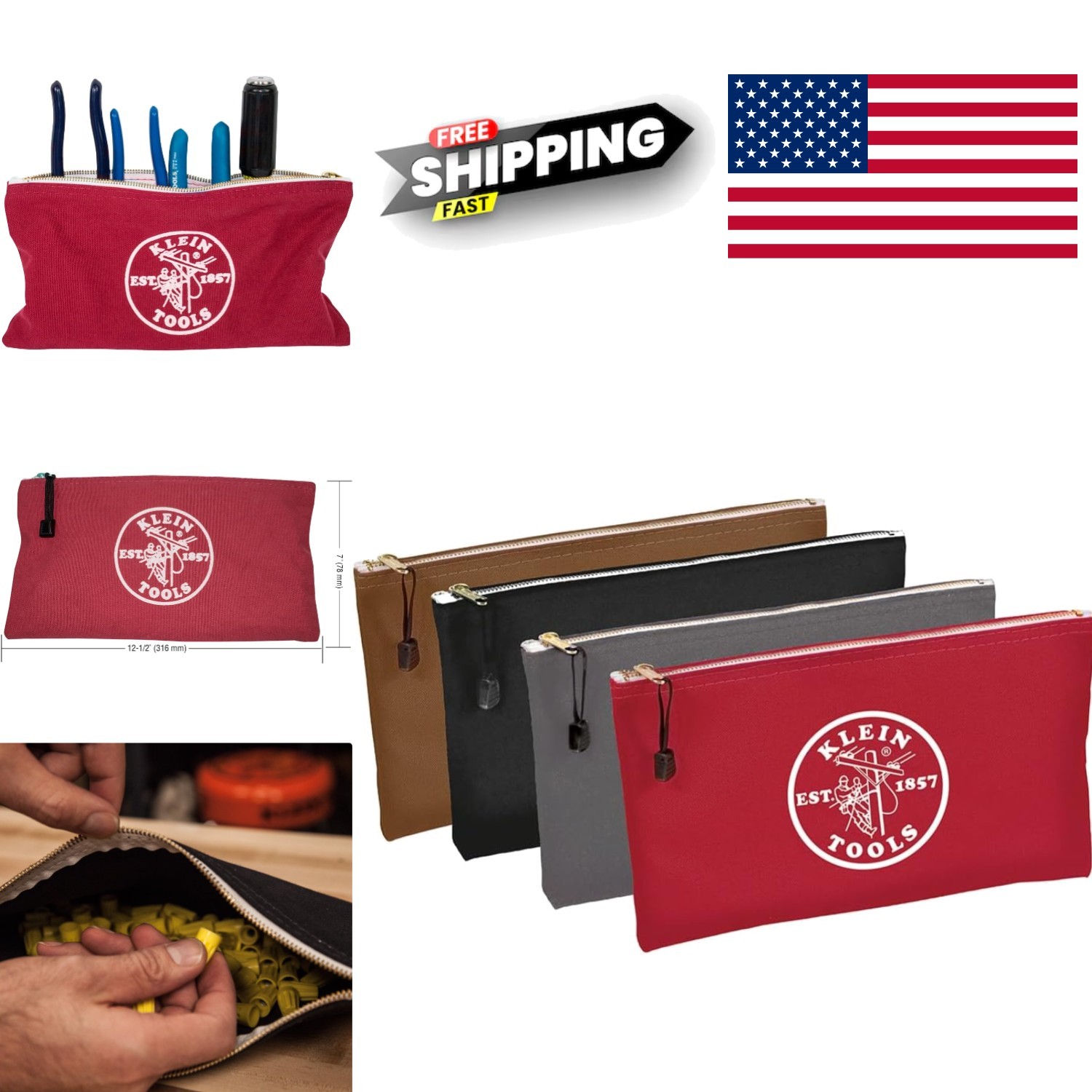 Tool Storage Pouch Set 12.5 x 7 Inch Assorted Colors Durable Canvas 4 Pack