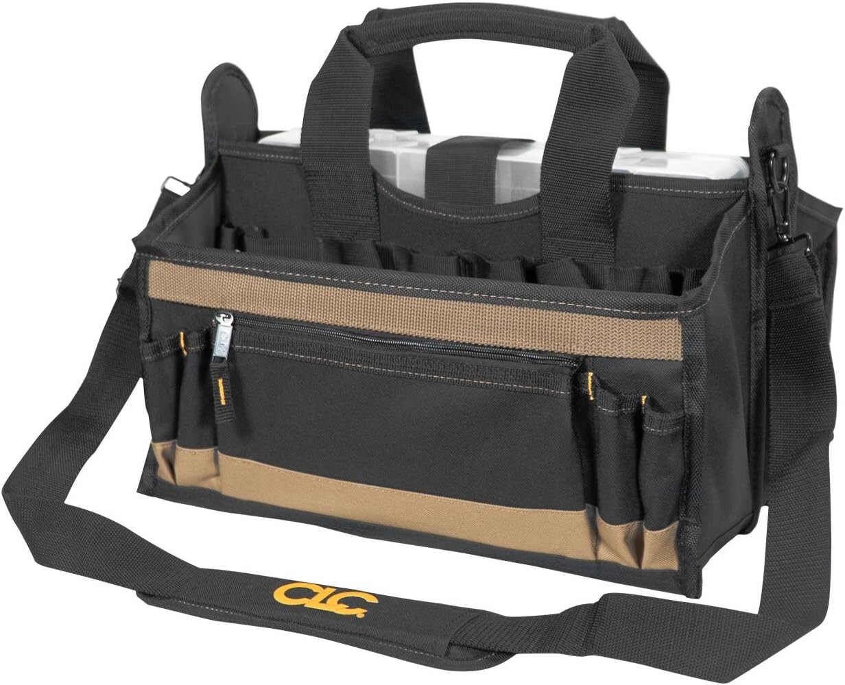 Stylish CLC 16 In. Tool Bag with Adjustable Strap and Parts Tray Included
