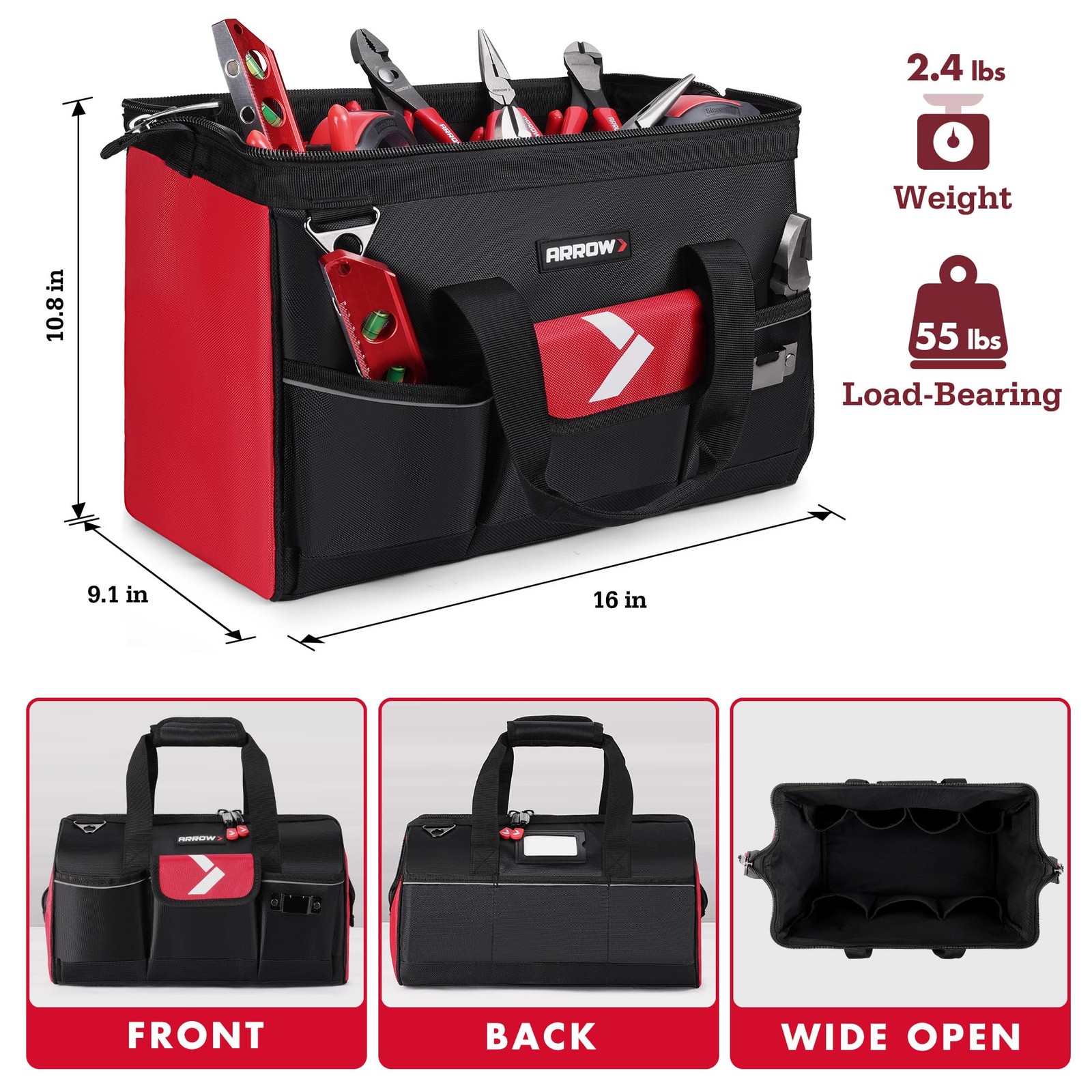16in Tool Bag Organizer with Wide Open Mouth 13 Pockets Heavy Duty ARROW