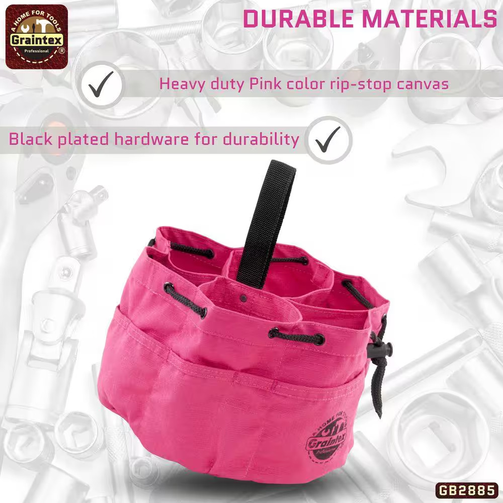10 In. 18-Pocket Grab Tool Bag with Drawstring Closure in Pink Canvas