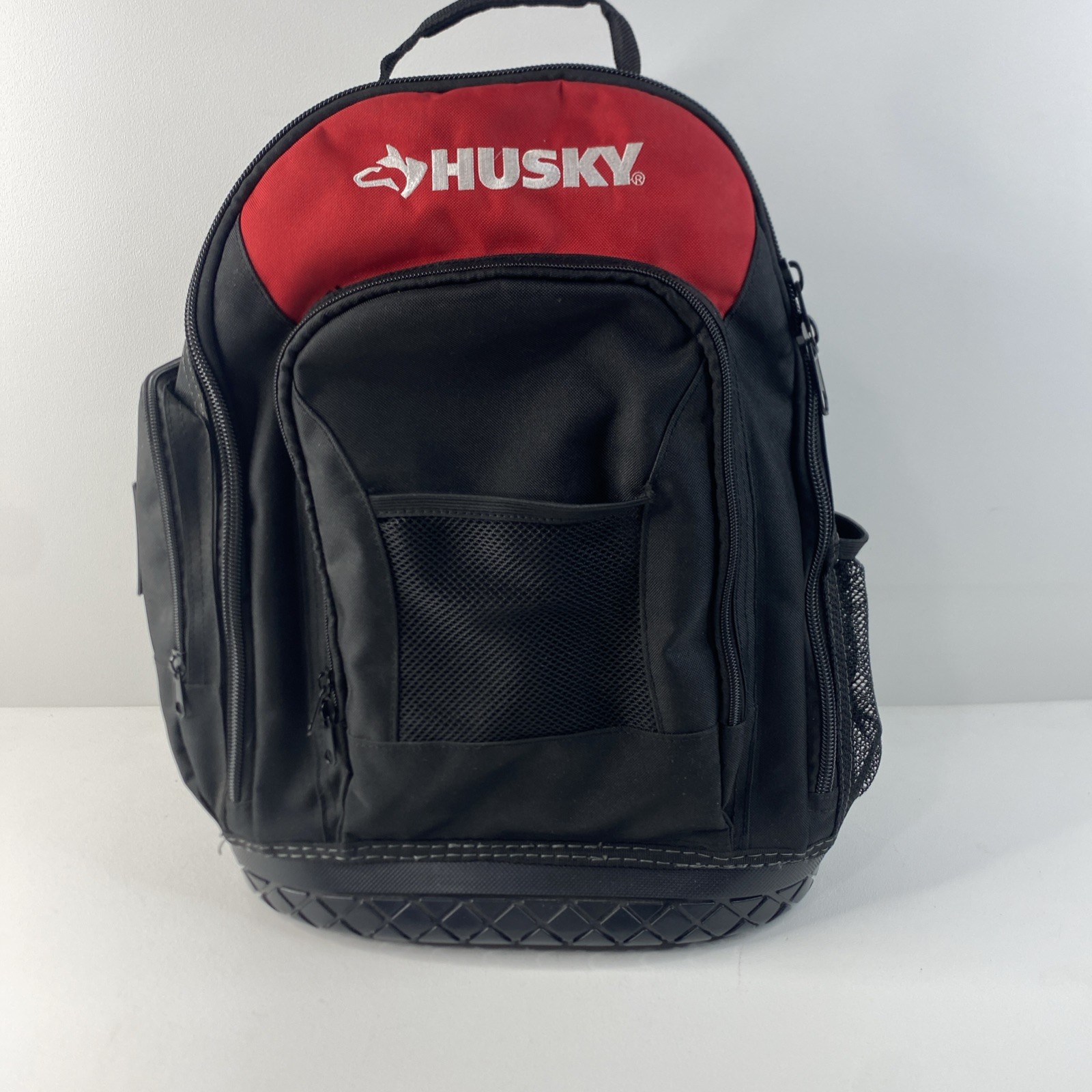 Husky Tool Backpack Black Red Multiple Compartments Padded Handle Adjustable