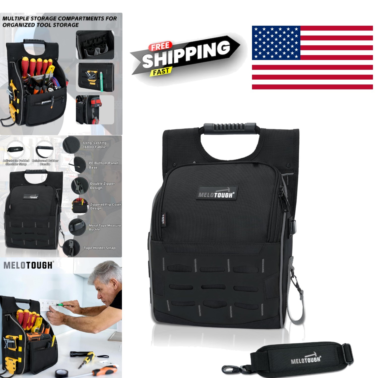 Versatile Tool Pouch for Electricians with Detachable Strap and 3 Compartments