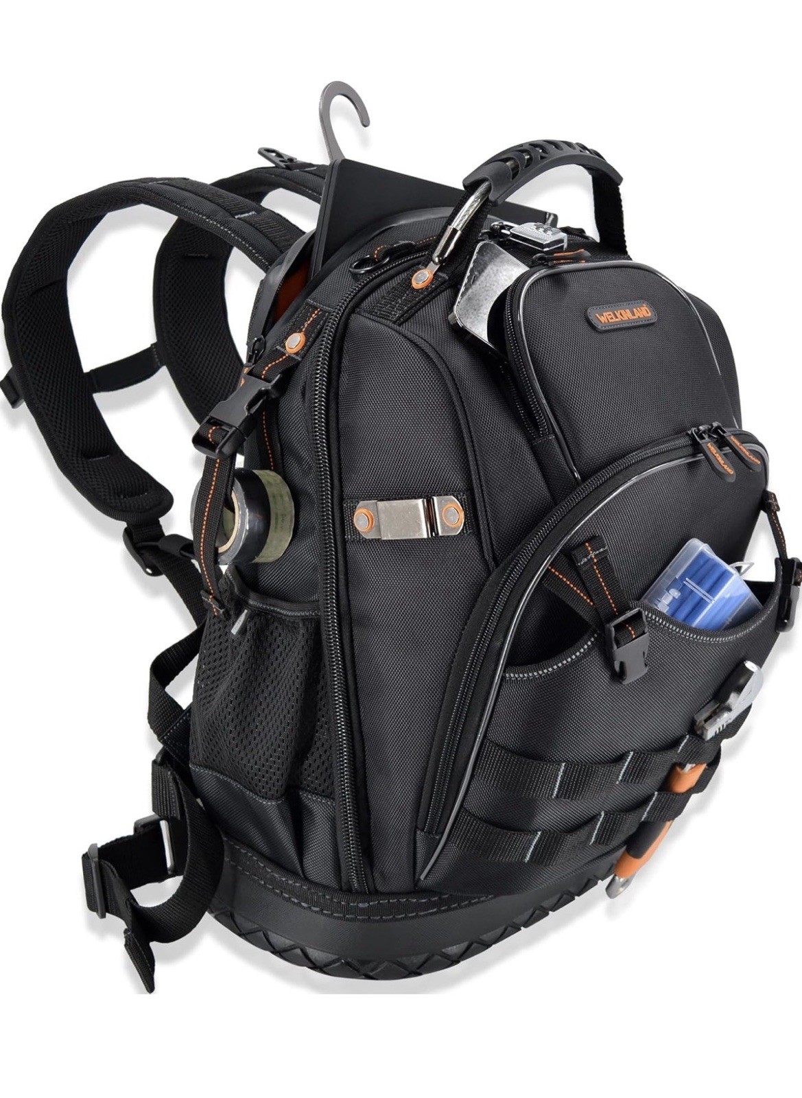 WELKINLAND 77 Pocket Large Tool Backpack Black/Orange Molded Base, Padded Handle