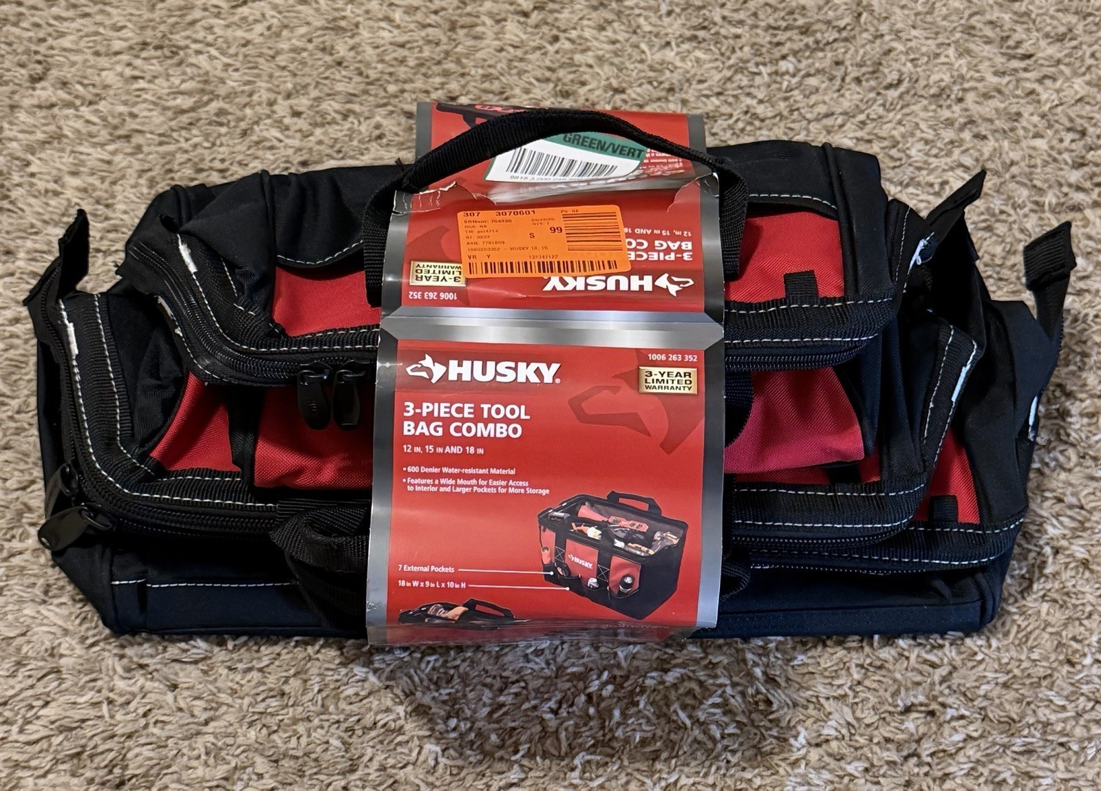 New Husky 3 Tool Bag Combo Set -12 inch 15 Inch and 18 inch Bags Water Resistant