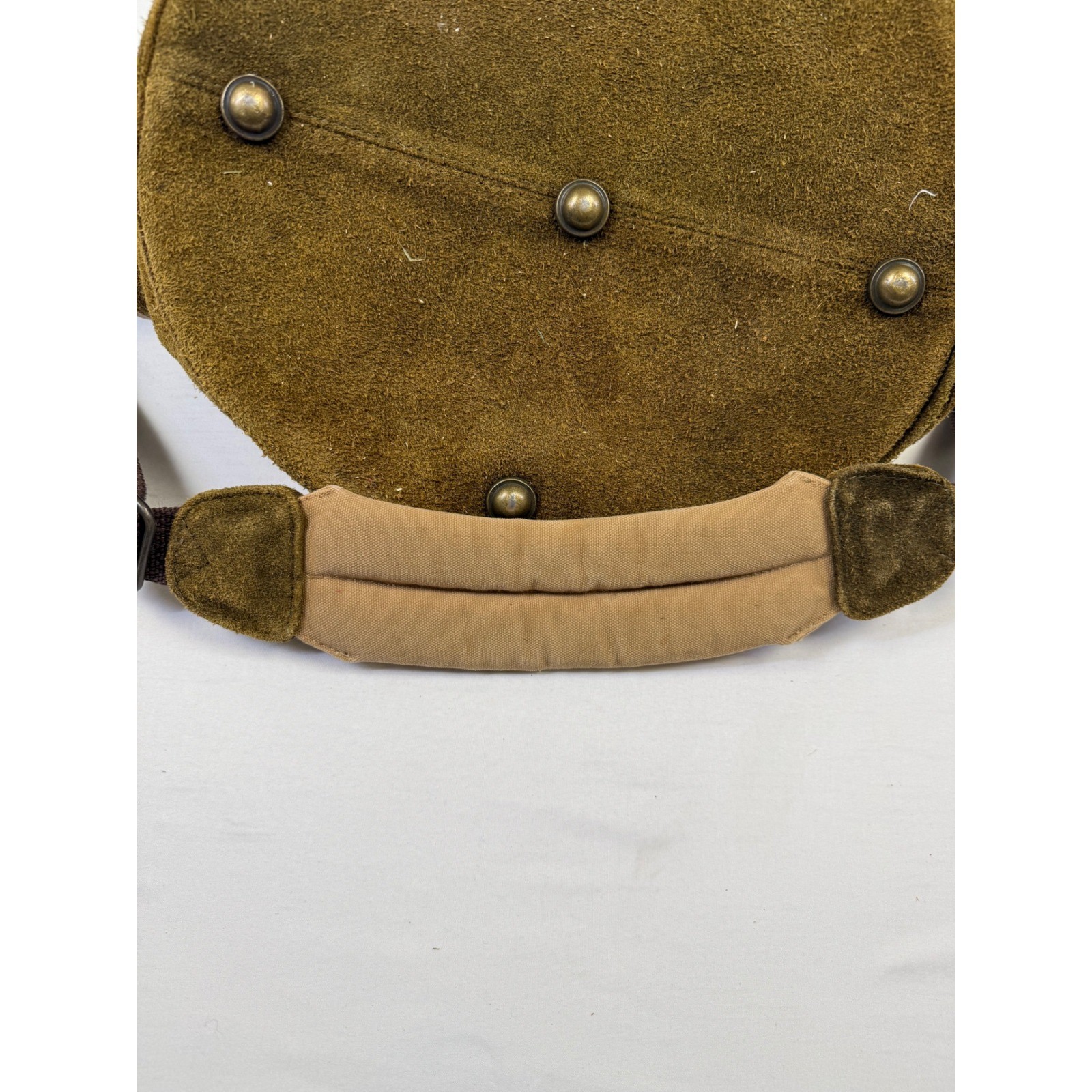Round Suede Tool Bag Tote Canvas Trim Padded Handle Shoulder Strap Brown