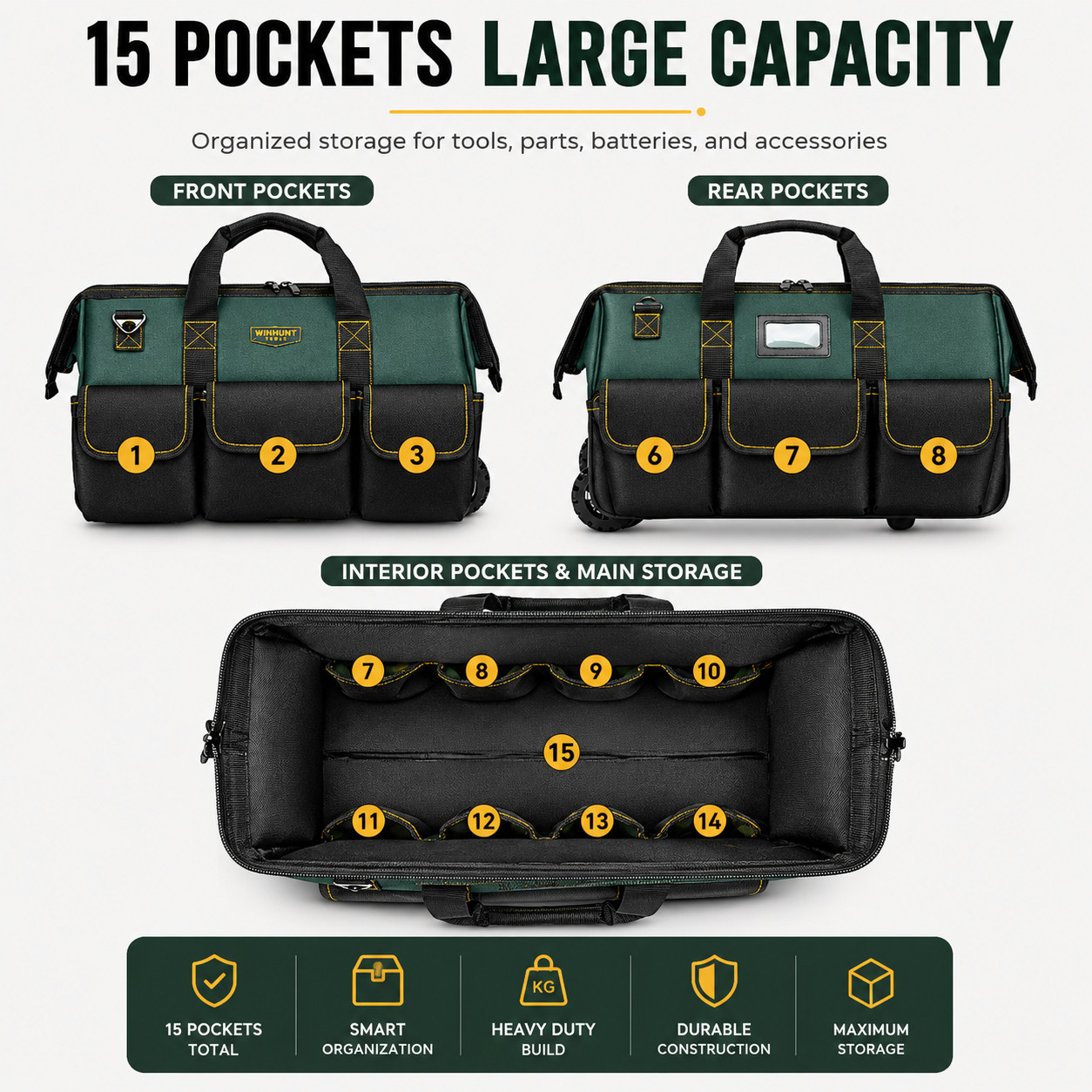 22 Inch Rolling Tool Bag with Wheels Telescopic Handle Heavy Duty 15 Pockets Bag