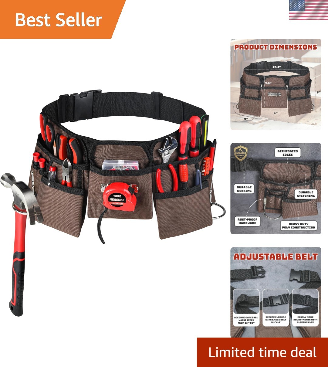 19 Pocket Heavy-Duty Tool Belt with Adjustable Quick Release Buckle – 33″ to 50″