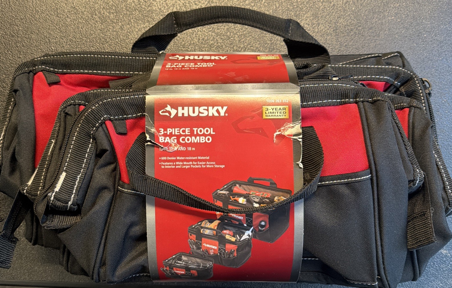 Husky 18 15 12 in. Tool Bag Combo 3-Piece Set Red 600D Water-Resistant NEW