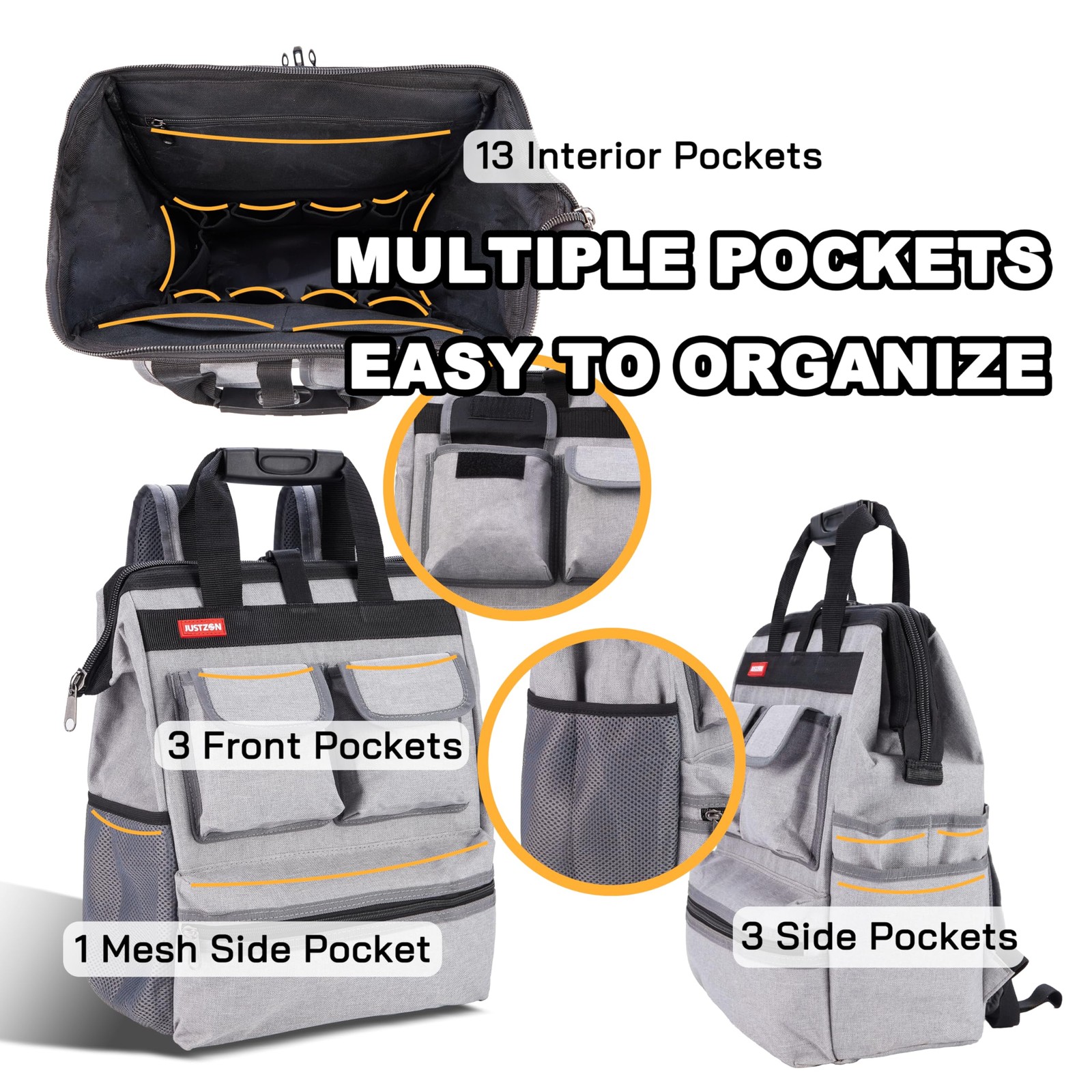 Justzon Backpack Tool Bag Padded Back Support Heavy Duty Tool Kit Carrier