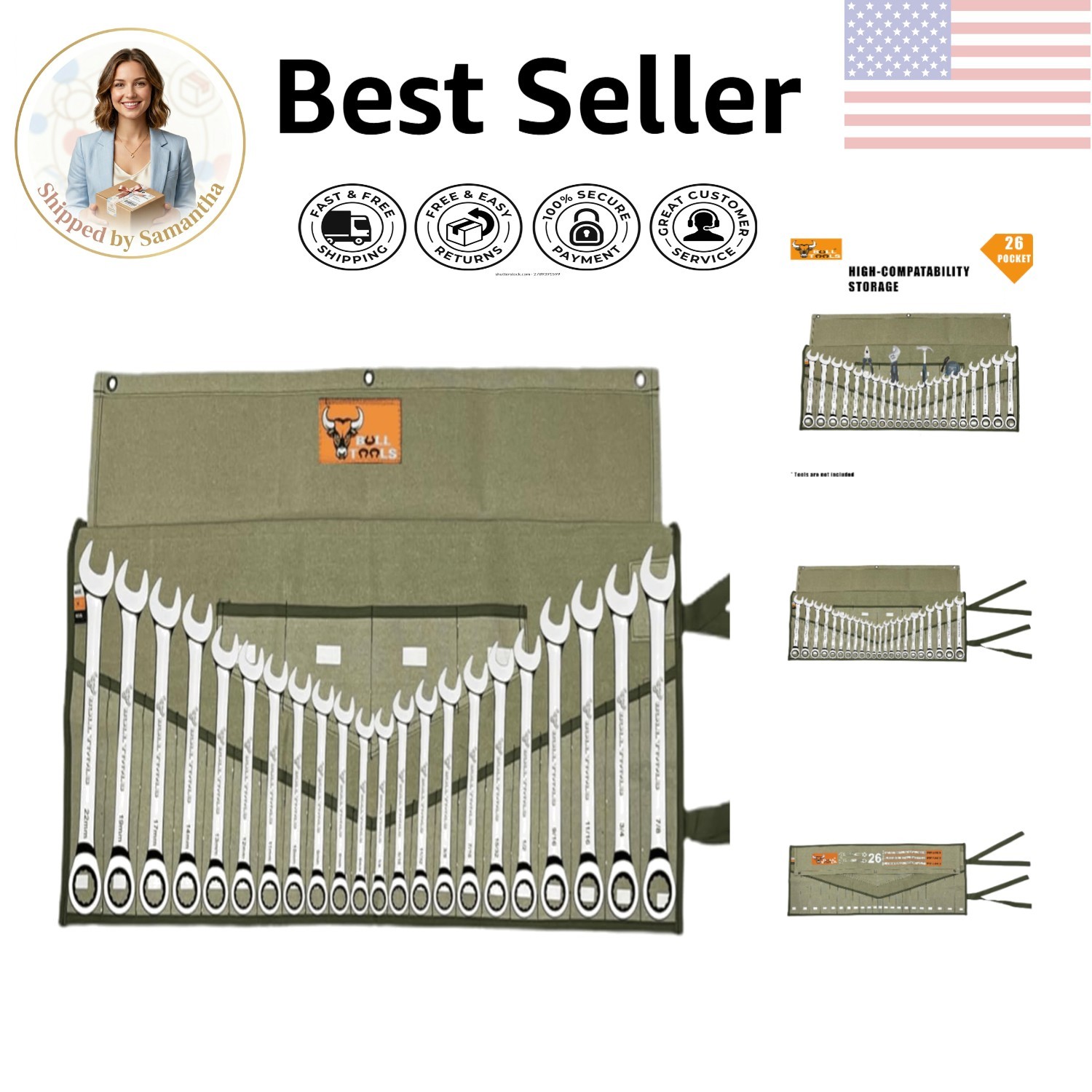 Lightweight Cotton Canvas Wrench Roll with 26 Pockets for Mechanics & DIYers