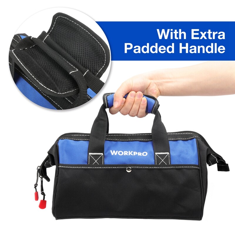 WORKPRO 13-inch Tool Bag, Wide Mouth Tool Tote Bag with Pockets for Tool Storage