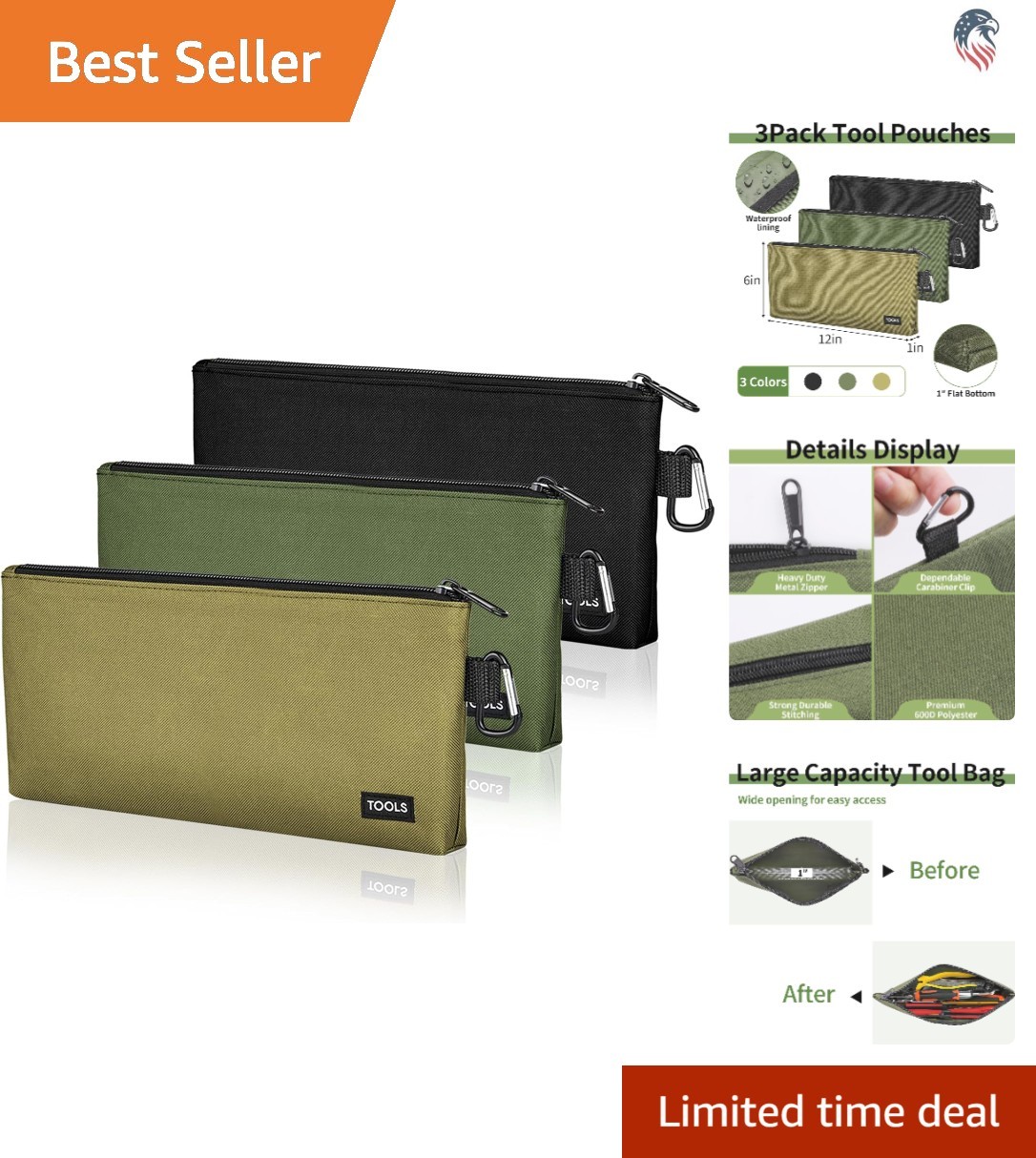 3 Pack Polyester Tool Pouches with Carabiner Flat Bottom Multiuse Organizer