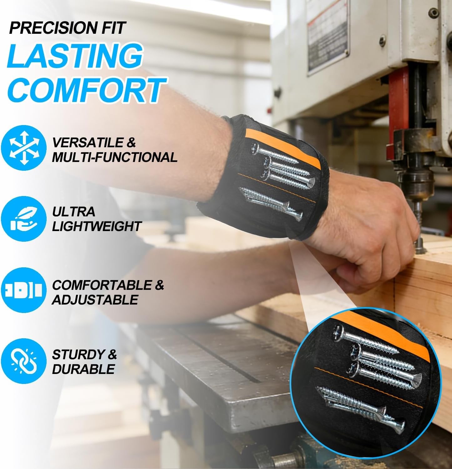 Magnetic Tool Wristband Adjustable Nylon Wrist Strap for Screws Nails Drill Bits