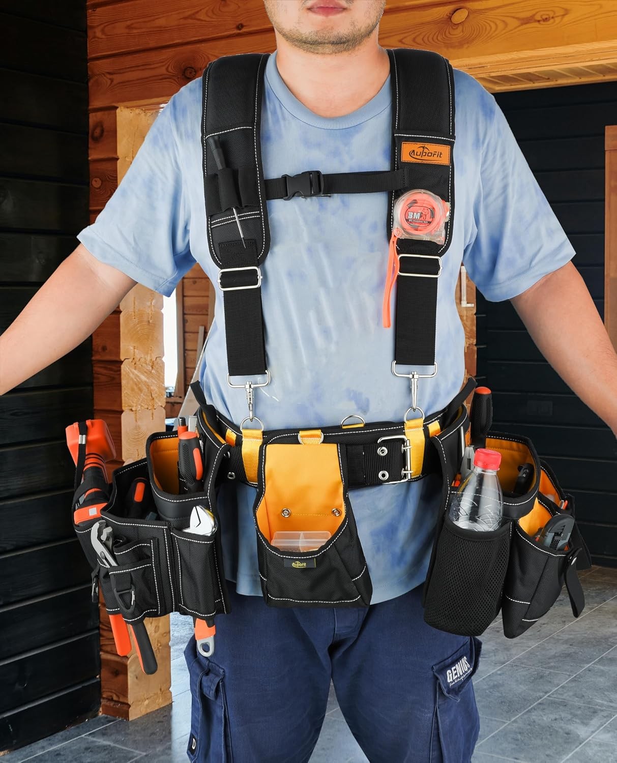 7Pc Tool Belt w/ Suspenders Heavy Duty 32 Pocket Construction Rig Black Yellow