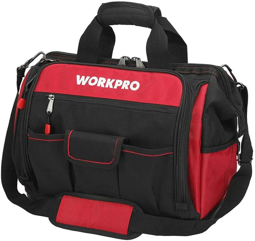 WORKPRO 16″ Wide Mouth Tool Bag with Water Proof Rubber Base For Tool Storage