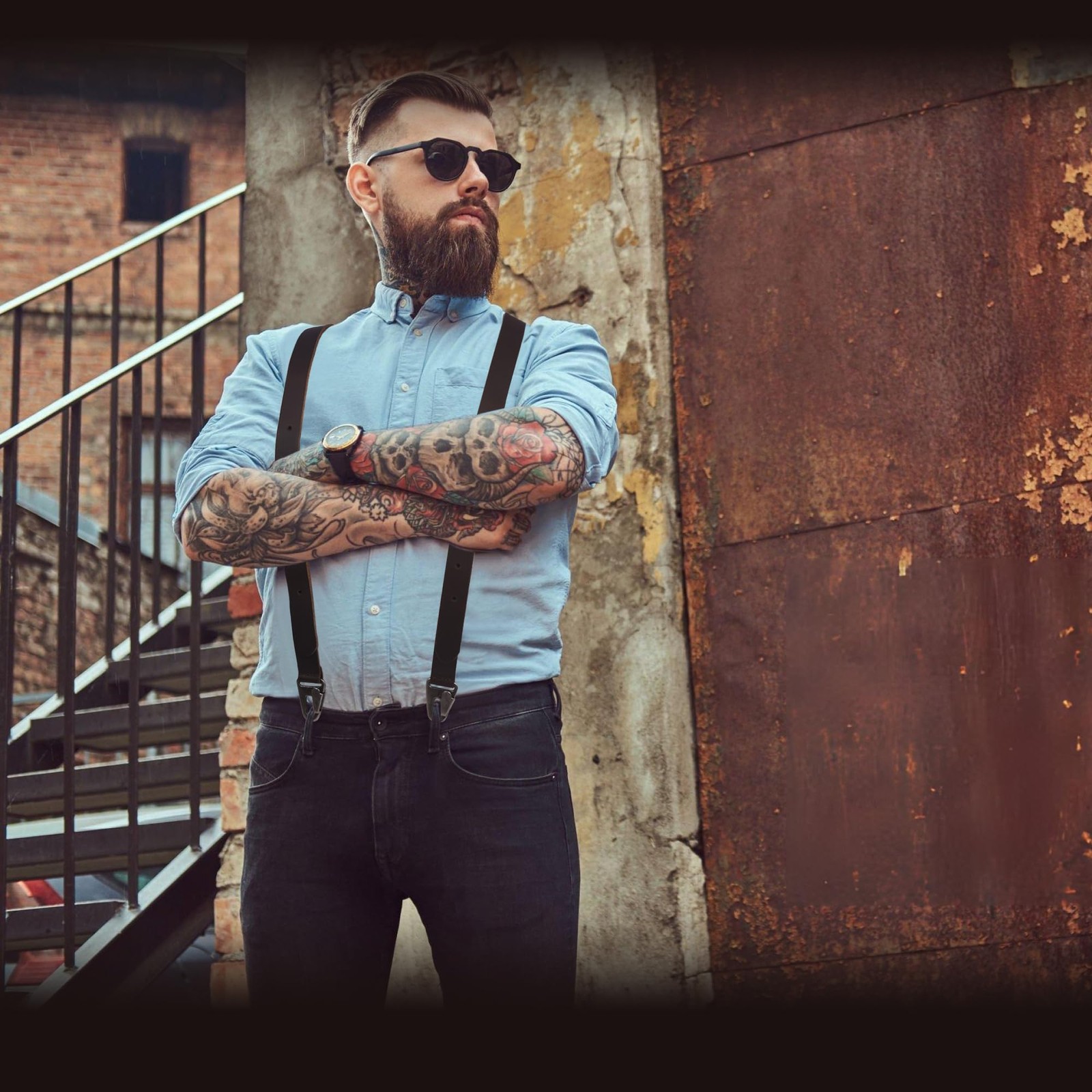 NUTUCH Grain Leather Suspender for Men | Y Adjustable, Dark Brown Vintage