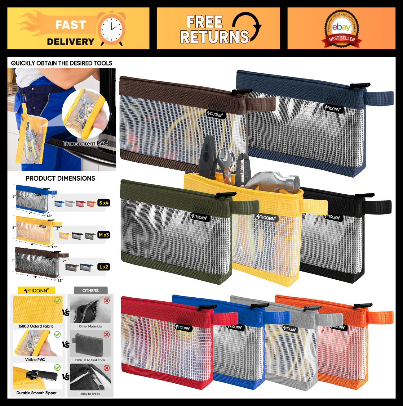 Small Tool Pouch Set, 1680D Oxford Zipper Utility Bags for Tool Organization (9P