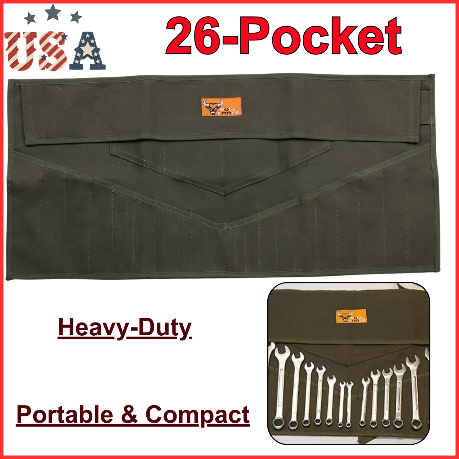 26-Pocket Wrench Tool Roll Organizer, Roll-Up Pouch Metric & SAE Heavy-Duty 100%