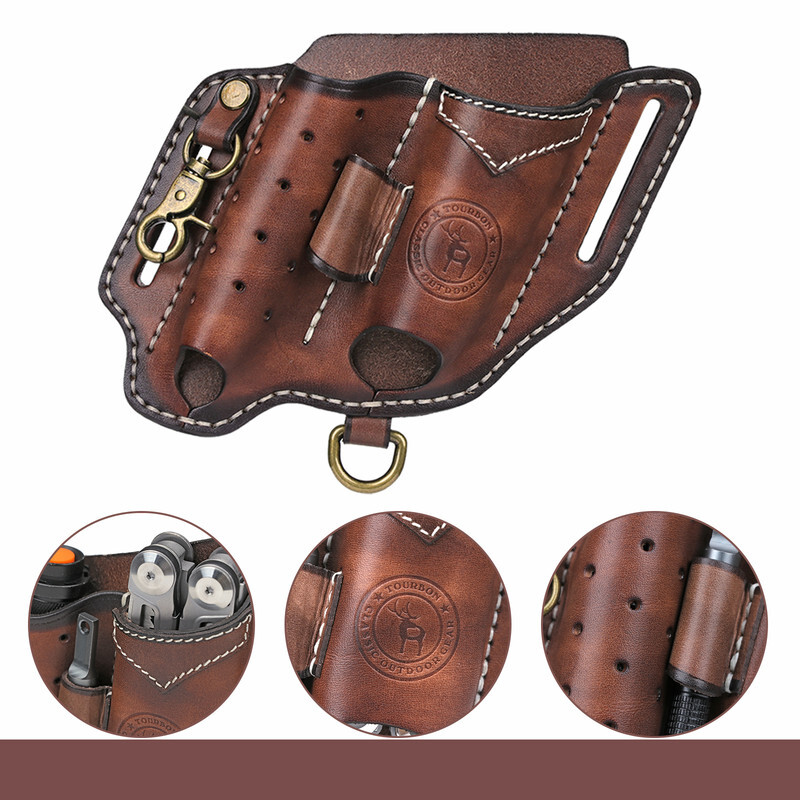 TOURBON Leather 4-in-1 Tool Belt Holster EDC Multitool Flashlight Sheath Utility