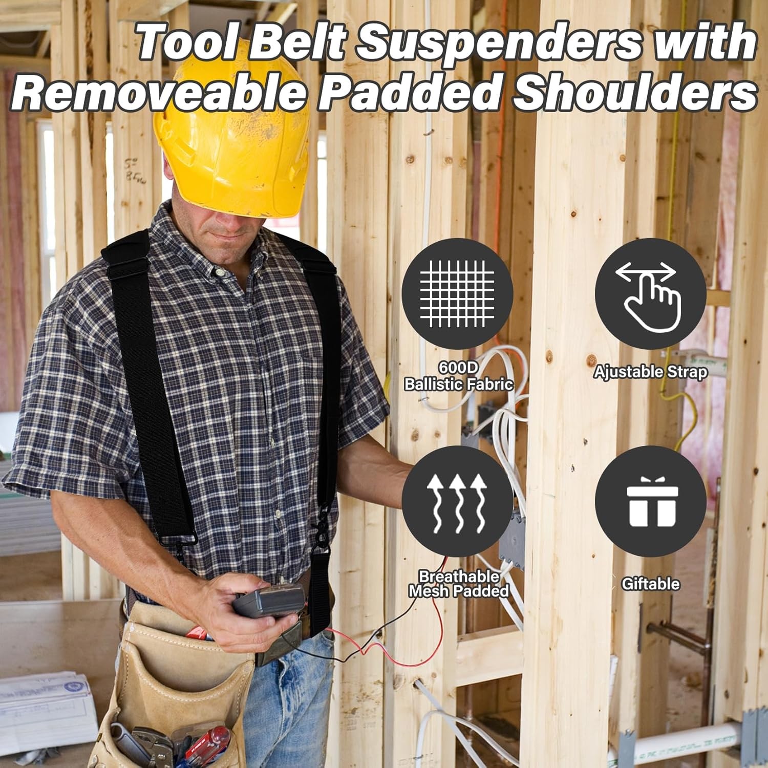 Heavy Duty Padded Tool Belt Suspenders with Adjustable Loops for Work