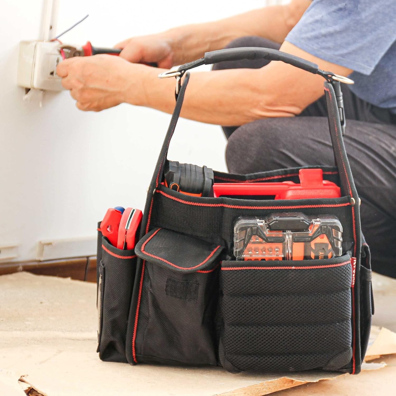 Tool Tote Pro Electrician Tool Bag 18-Pockets Open Top Tool Bag W/ Removable