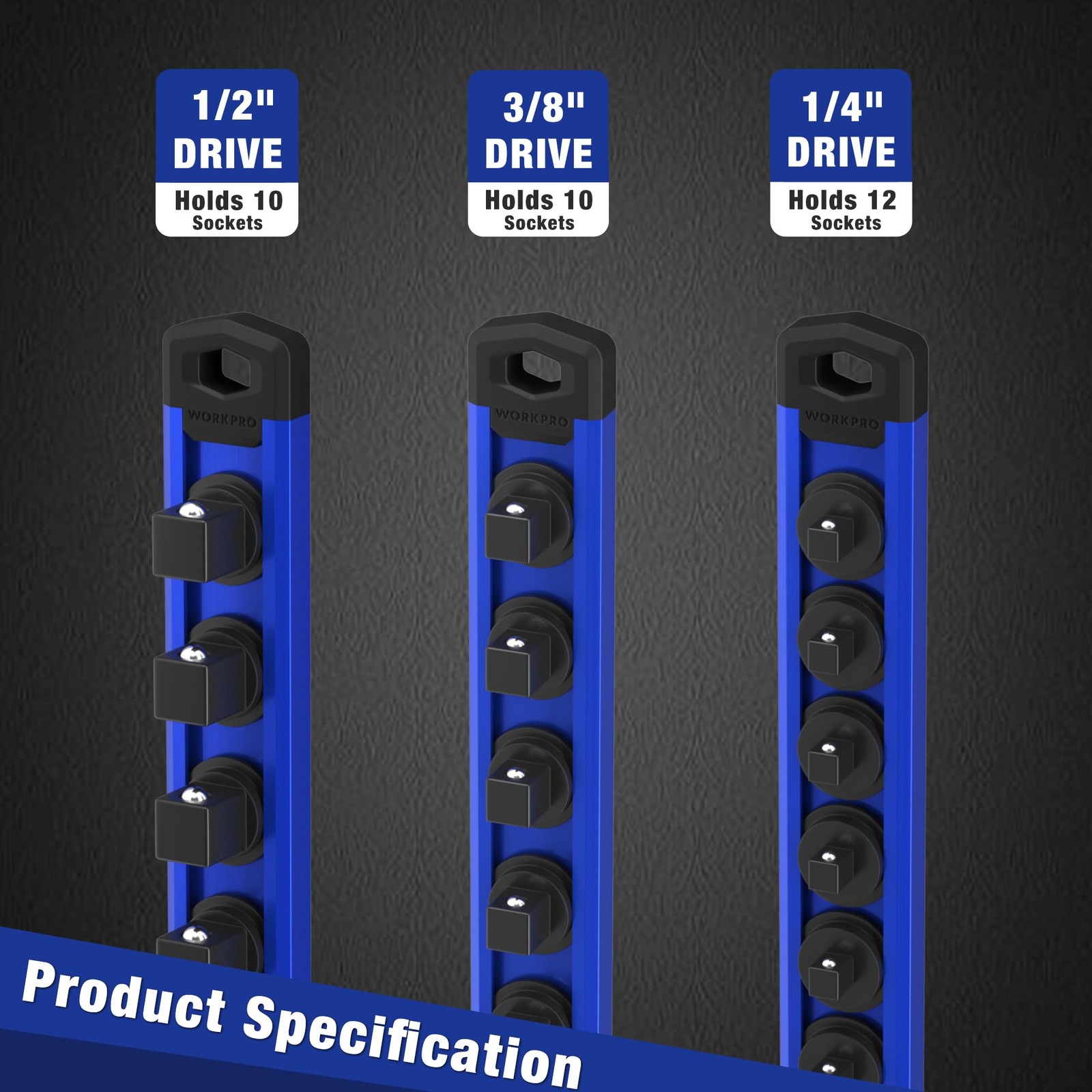 WORKPRO Magnetic Socket Organizer, 3/8-Inch Drive Aluminum 3/8″ DR, Blue