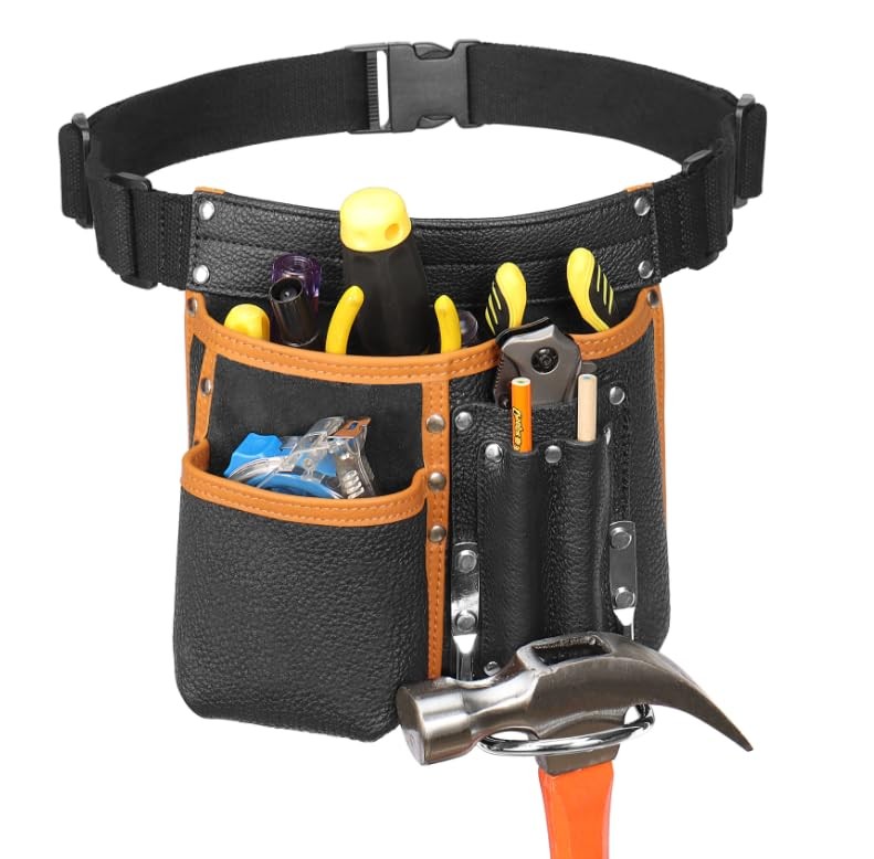Leather Tool Belt Carpenter Pouch Adjustable Padded Belt Hammer Holder
