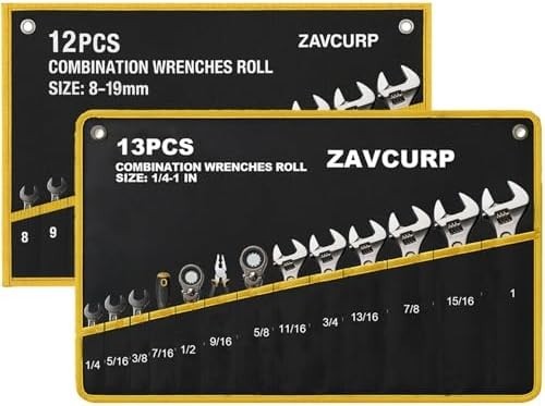 2PCS Wrench Roll Up Pouch, 12 Pockets Metric + 13 SAE, Black