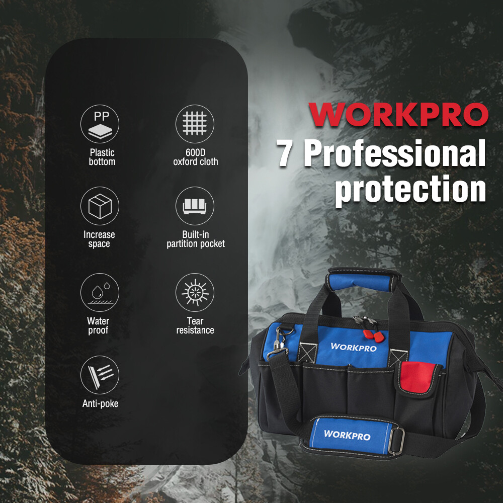 WORKPRO 18-Inch Tool Storage Bag Wide Open Mouth w/ Adjustable Shoulder Strap