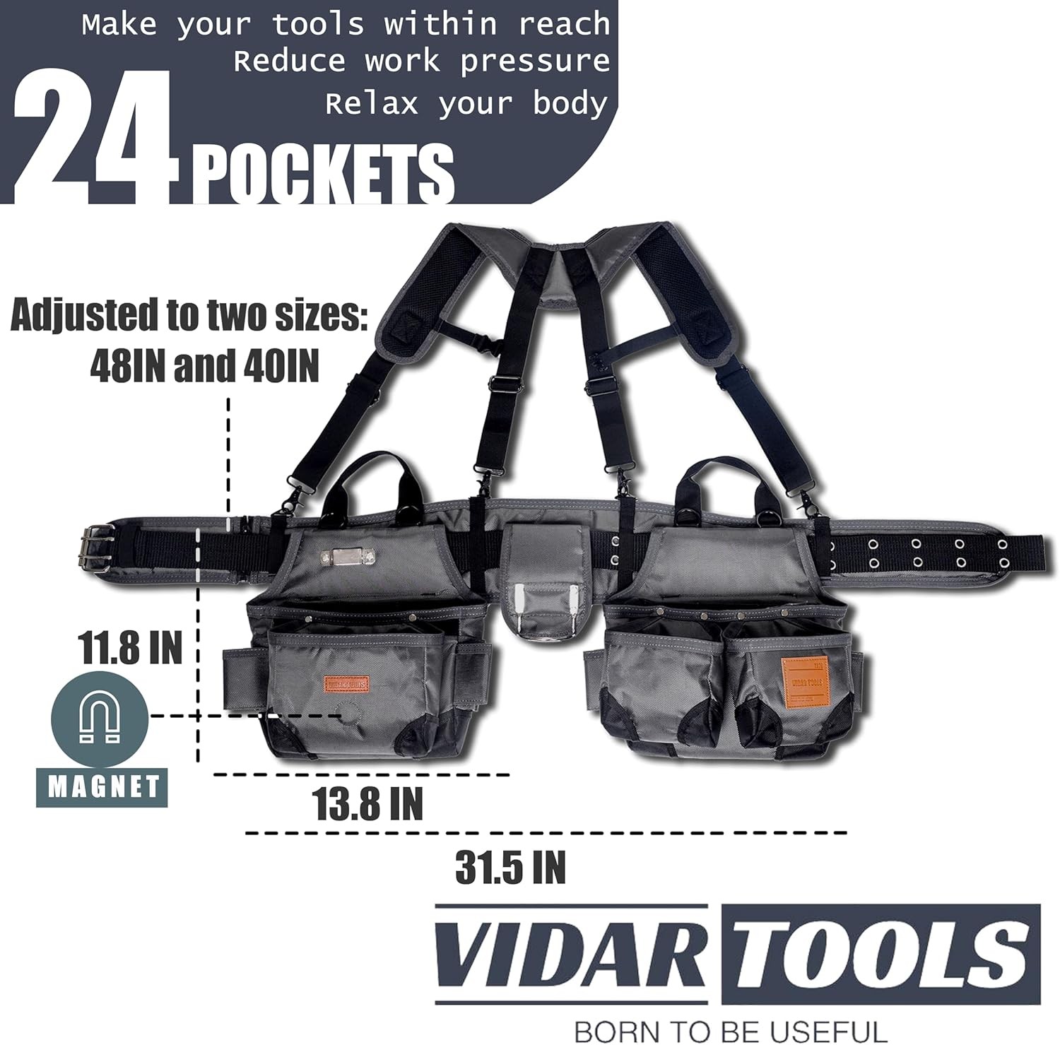 Tool belt, men’s tool belt with suspenders and magnetic tool pouches.